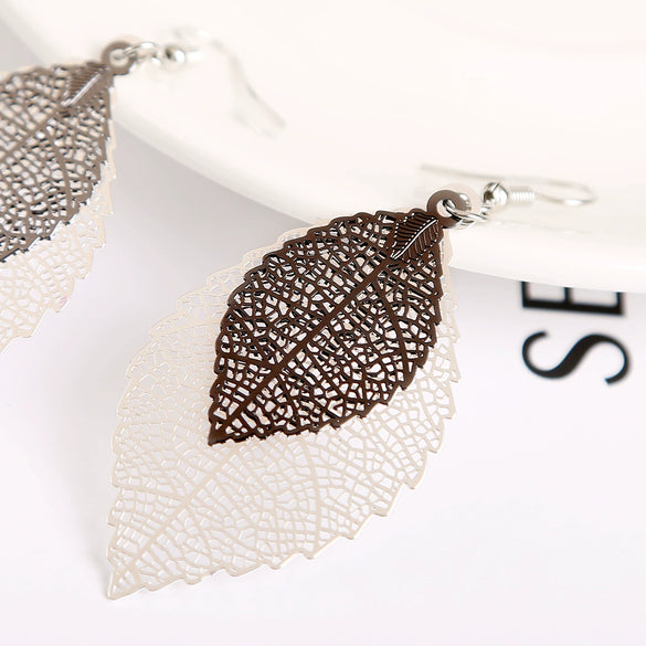 Wholesale Earrings Copper Leaf Double Layer Hollow Vintage Electroplated