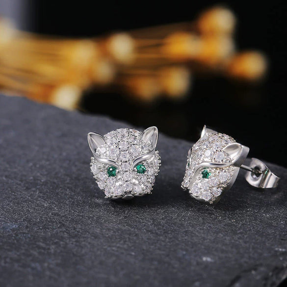 Wholesale Earrings Copper Leopard Head Diamond Zircon Animals Zodiac Style