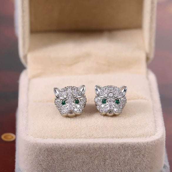 Wholesale Earrings Copper Leopard Head Diamond Zircon Animals Zodiac Style