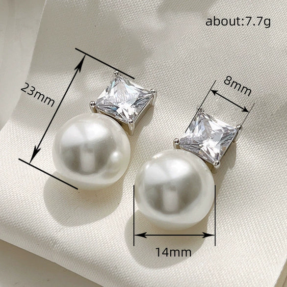 Wholesale Earrings Copper Minimalist Geometric Style Imitation Pearl Square Diamond For Women