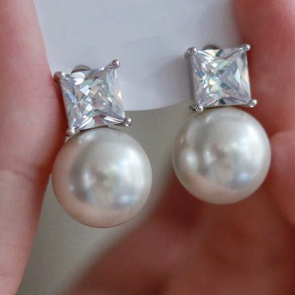 Wholesale Earrings Copper Minimalist Geometric Style Imitation Pearl Square Diamond For Women