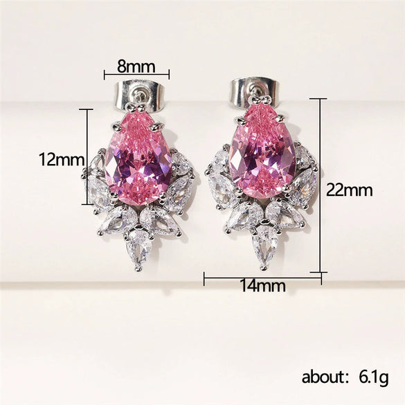 Wholesale Earrings Copper Pink Diamond Water Drops Pearshaped Ice Flower Zircon