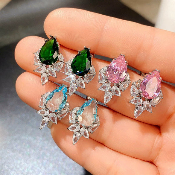 Wholesale Earrings Copper Pink Diamond Water Drops Pearshaped Ice Flower Zircon