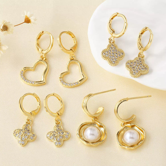 Wholesale Earrings Copper Plated Real Gold Heart Shape Clover Love Pearl For Women