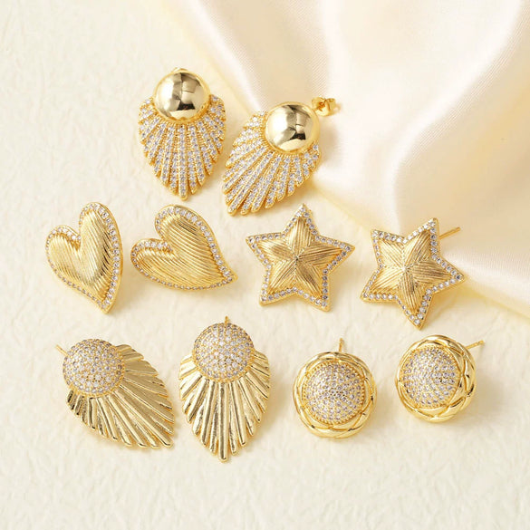Wholesale Earrings Copper Plated Real Gold Stars Leaves Zircon Simple Style