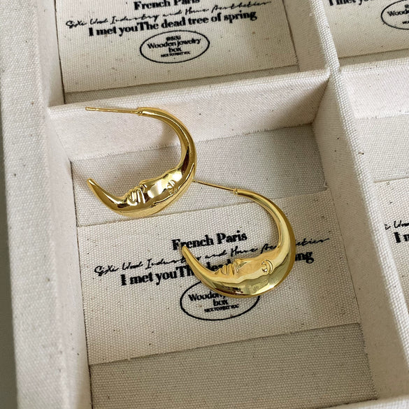 Wholesale Earrings Copper Real Gold Plated Retro Art Geometric Moon Figure Women's