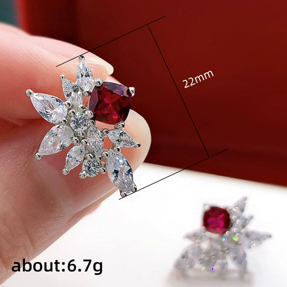 Wholesale Earrings Copper Red Zircon Floral Light Luxury Design