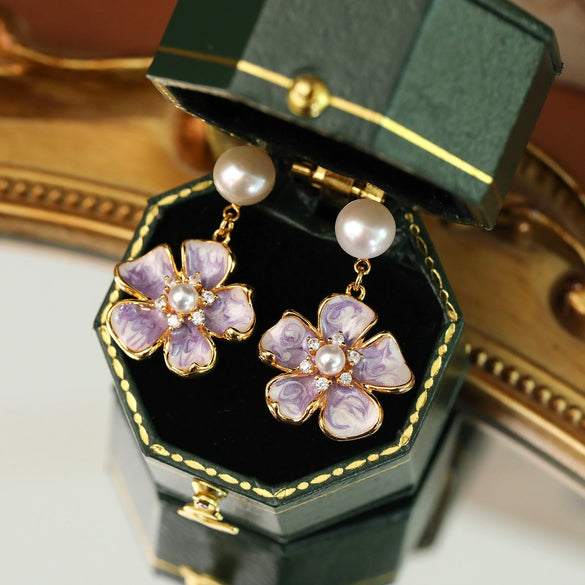 Wholesale Earrings Copper Retro Purple Enamel Drip Glaze Geometric Natural Freshwater Pearl Electroplating For Women