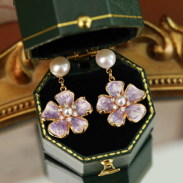Wholesale Earrings Copper Retro Purple Enamel Drip Glaze Geometric Natural Freshwater Pearl Electroplating For Women