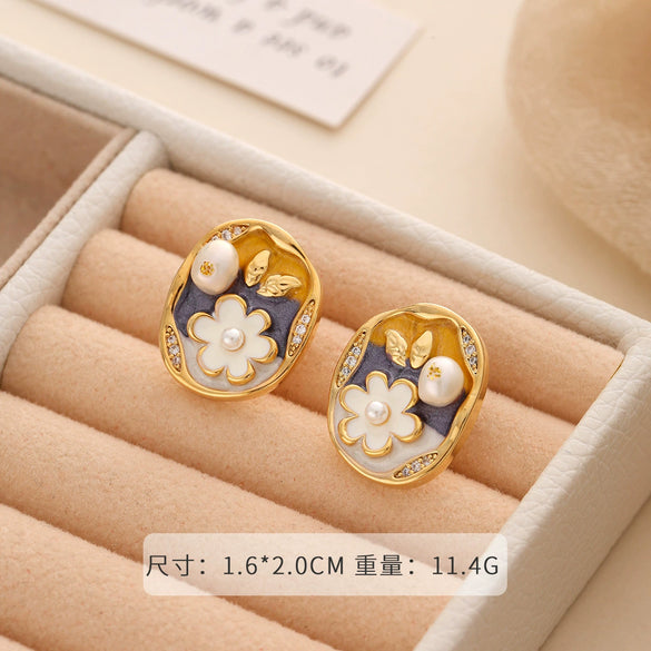 Wholesale Earrings Copper 925 Silver Needle Freshwater Pearl Geometric Flower Leaf Ushaped Electroplated Light Luxury Niche For Women