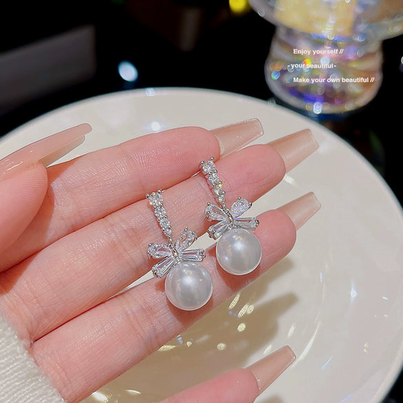Wholesale Earrings Copper 925 Silver Pearl Set Bow Sweet Design
