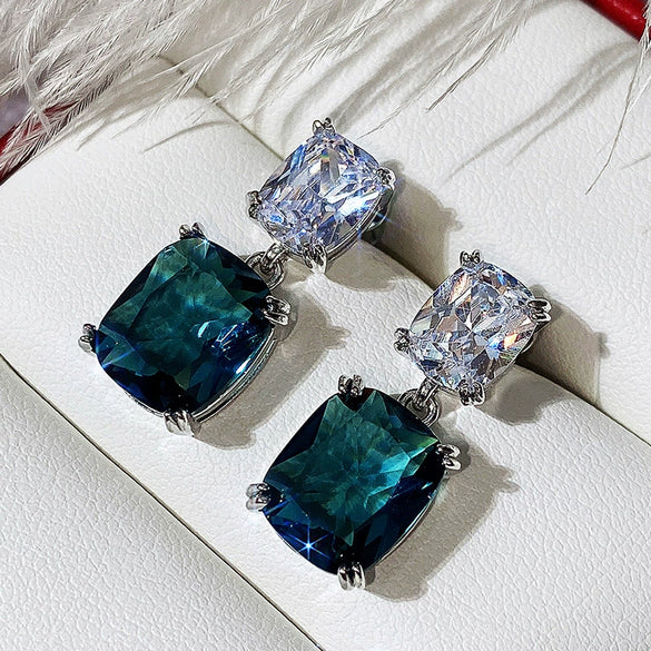 Wholesale Earrings Copper Square Zircon Geometric Style Peacock Blue Crystal