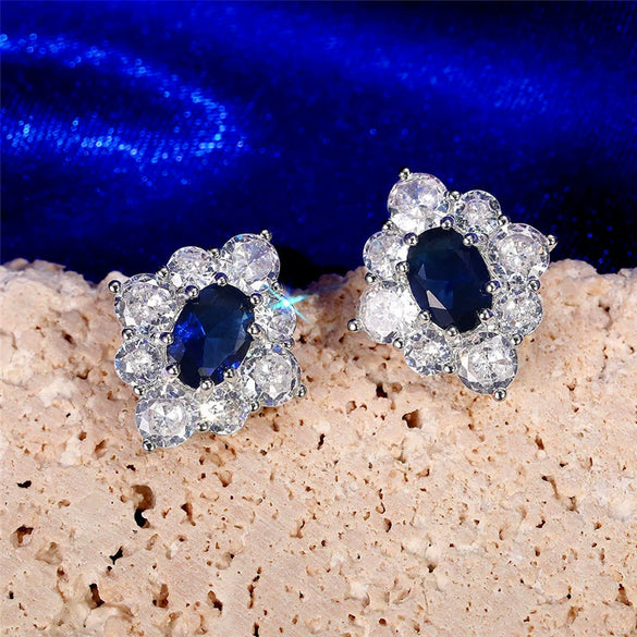 Wholesale Earrings Copper Vintage Royal Blue Zircon Flower Shape