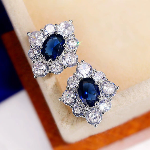 Wholesale Earrings Copper Vintage Royal Blue Zircon Flower Shape