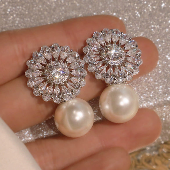 Wholesale Earrings Copper Zircon Imitation Pearl Flower Baroque Style For Women