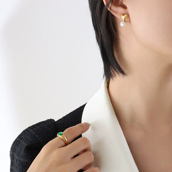 Wholesale Earrings Imitation Pearl Peach Heart 316L Stainless Steel 18K Gold Plated Geometric Niche Design