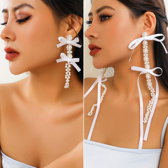 Wholesale Earrings Imitation Pearl Ribbon Bow Tie Handmade