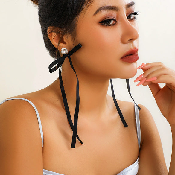 Wholesale Earrings Imitation Pearl Ribbon Bow Tie Handmade