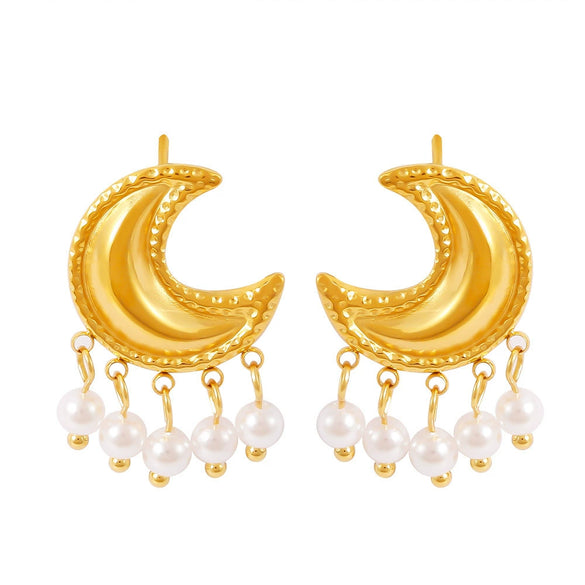 Wholesale Earrings Light Luxury Moon Tassel Imitation Pearl Titanium Steel Geometric Electroplated Vintage