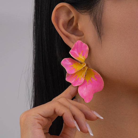Wholesale Earrings Metal Geometric Flower Dripping Oil Pink Petal Women's