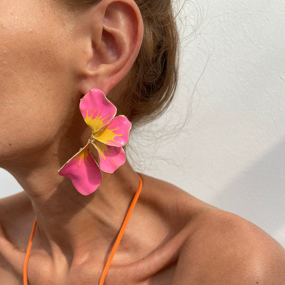 Wholesale Earrings Metal Geometric Flower Dripping Oil Pink Petal Women's