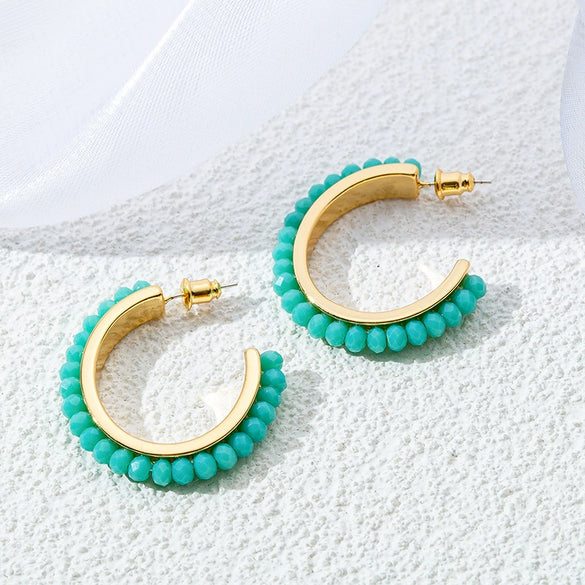 Wholesale Earrings Natural Stone Beaded Cshaped Copper Gold Plated 925 Silver Needle Geometric Style