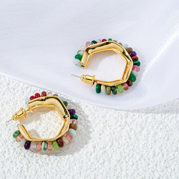 Wholesale Earrings Natural Stone Beaded Cshaped Copper Gold Plated 925 Silver Needle Geometric Style