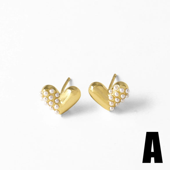 Wholesale Earrings Pearl Love Flower Copper Gold Plated Heart Shape Minimalist Style