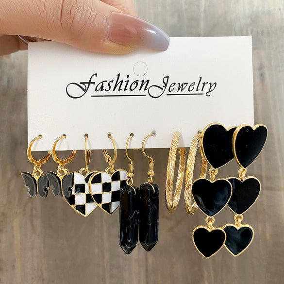 Wholesale Earrings Pearl Pendant Retro Simple Love Geometric Alphanumeric Butterfly Black And White Checkerboard Ladies Set