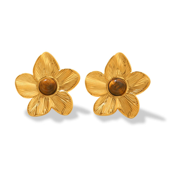 Wholesale Earrings Retro Style Stainless Steel Inlaid Tiger Eye Stone Geometric And Flower Pattern Electroplated For Women