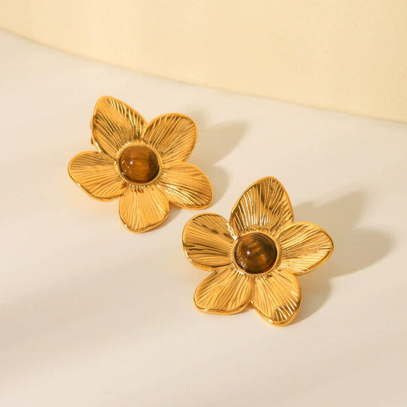 Wholesale Earrings Retro Style Stainless Steel Inlaid Tiger Eye Stone Geometric And Flower Pattern Electroplated For Women