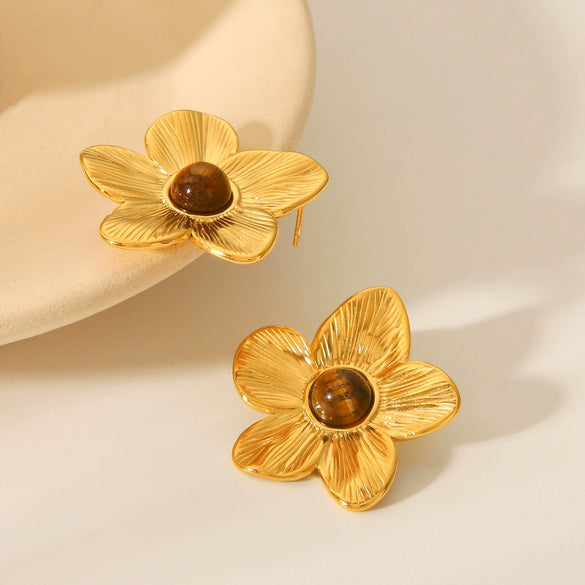 Wholesale Earrings Retro Style Stainless Steel Inlaid Tiger Eye Stone Geometric And Flower Pattern Electroplated For Women