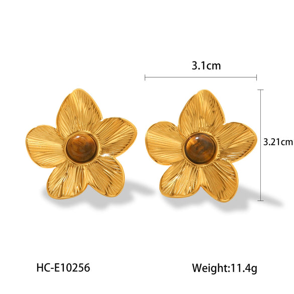 Wholesale Earrings Retro Style Stainless Steel Inlaid Tiger Eye Stone Geometric And Flower Pattern Electroplated For Women