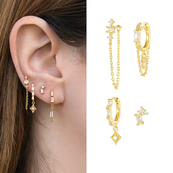 Wholesale Earrings S925 Sterling Silver Copper Geometric Zirconia Tassel Chain