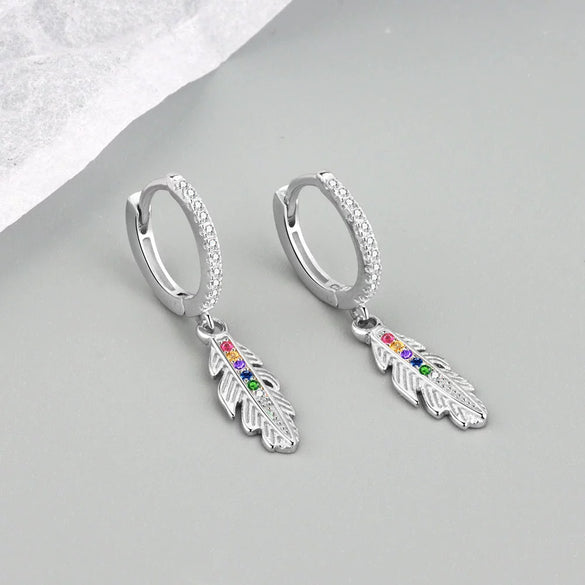 Wholesale Earrings S925 Sterling Silver Geometric Style Electroplated Long Feather Colorful Zircon Ear Buckle