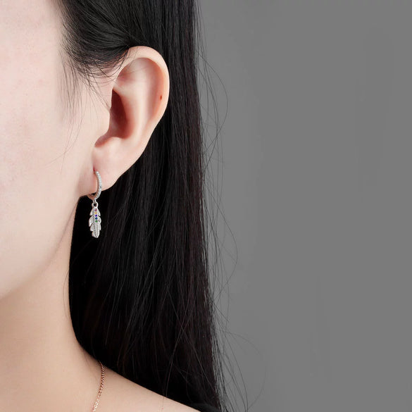 Wholesale Earrings S925 Sterling Silver Geometric Style Electroplated Long Feather Colorful Zircon Ear Buckle