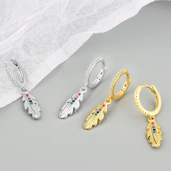 Wholesale Earrings S925 Sterling Silver Geometric Style Electroplated Long Feather Colorful Zircon Ear Buckle