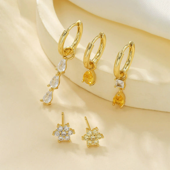 Wholesale Earrings Set Copper Geometric Zirconia Water Drop Hexagonal Design Women's