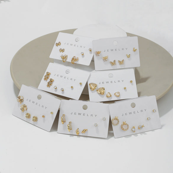 Wholesale Earrings Set S925 Sterling Silver And Copper Bear Four Leaf Clover Bow Heart Shaped Inlaid Zircon Geometric Style