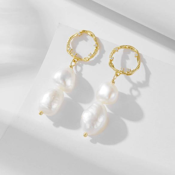 Wholesale Earrings 925 Silver French Retro Baroque Freshwater Pearl Geometric Style Pearl Inlaid