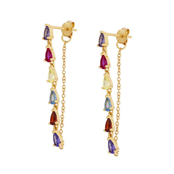 Wholesale Earrings Silver Needle Copper Geometric Colorful Zircon Long Tassel Electroplated Light Luxury Retro Style