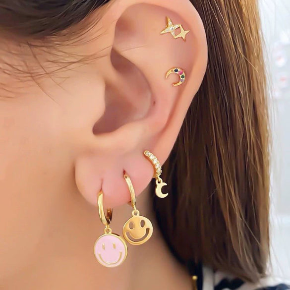 Wholesale Earrings Silver Needle Copper Geometric Dripping Oil Smiley Face For Women