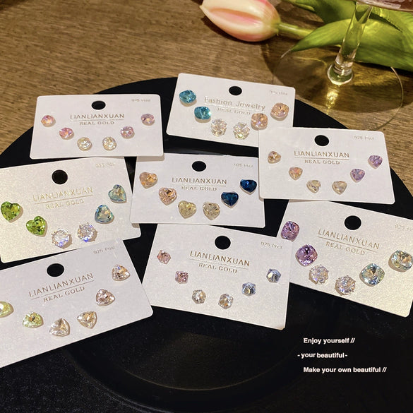 Wholesale Earrings 925 Silver Needle Copper Star Heart Shape Iridescent Set With Crystals Light Luxury Women's
