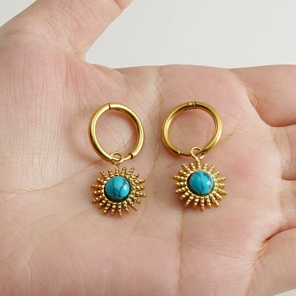 Wholesale Earrings Stainless Steel Blue Turquoise Geometric Simple Retro Design Set With Precious Stones