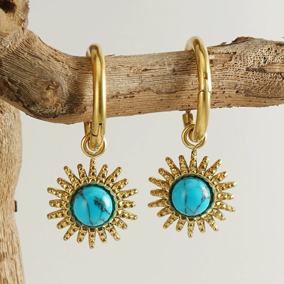 Wholesale Earrings Stainless Steel Blue Turquoise Geometric Simple Retro Design Set With Precious Stones