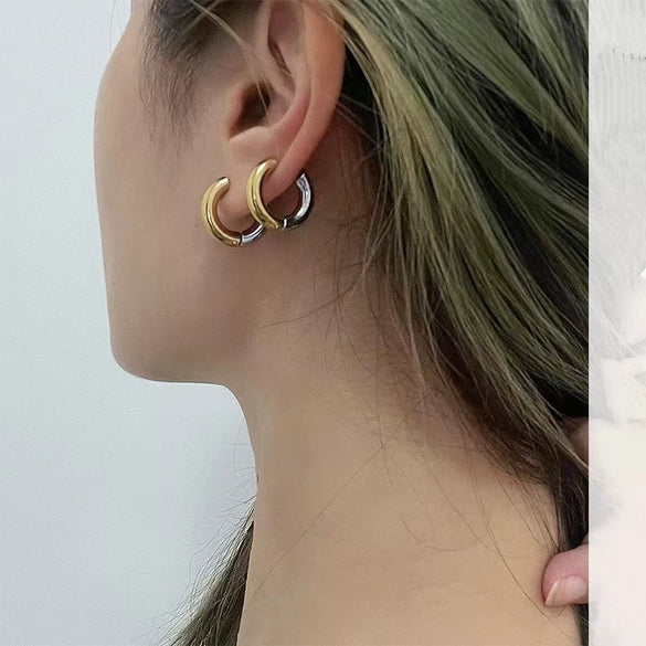 Wholesale Earrings Stainless Steel Cold Simple Style Ushape Geometric Gold And Silver Contrast Color Stitching Electroplated
