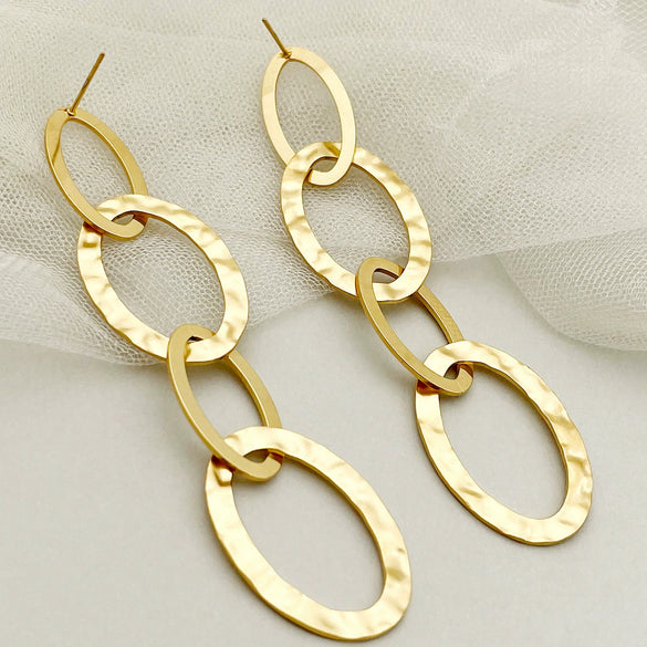 Wholesale Earrings Stainless Steel French Retro Oval Stitching Tassel 14K Gold Plated