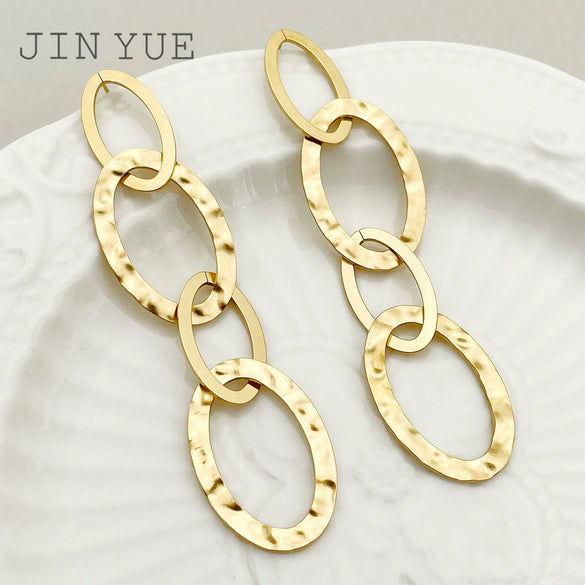 Wholesale Earrings Stainless Steel French Retro Oval Stitching Tassel 14K Gold Plated