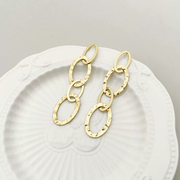 Wholesale Earrings Stainless Steel French Retro Oval Stitching Tassel 14K Gold Plated