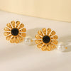 Wholesale Earrings Stainless Steel French Retro Style With Obsidian Hammered Flower And Geometric Design